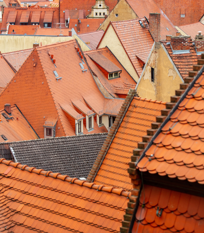 Toitures en tuiles typiques avec différents pans et éléments de couverture